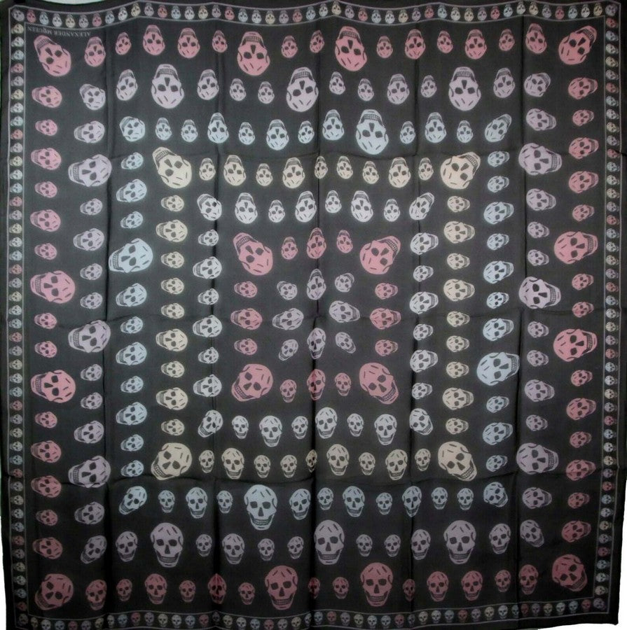 Alexander McQueen Women's Black Chiffon Silk Multiskull Box Print Shawl 496827 1072