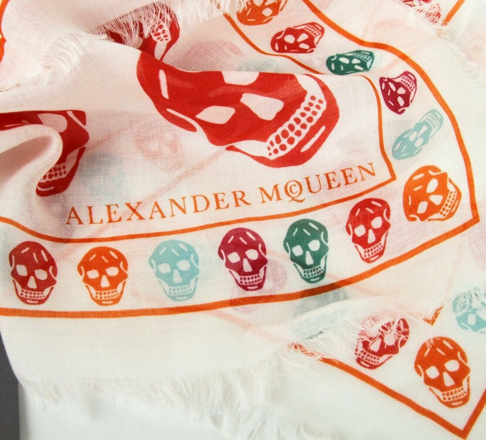 Alexander McQueen Women's Ivory / Orange Shawl With Multiskull Box Print 496827 9276