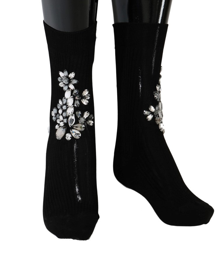 Dolce & Gabbana Black Knitted Floral Clear Crystal Women's Socks