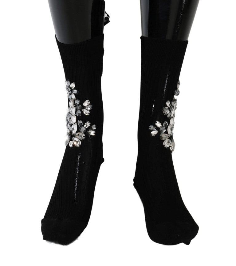 Dolce & Gabbana Black Knitted Floral Clear Crystal Women's Socks