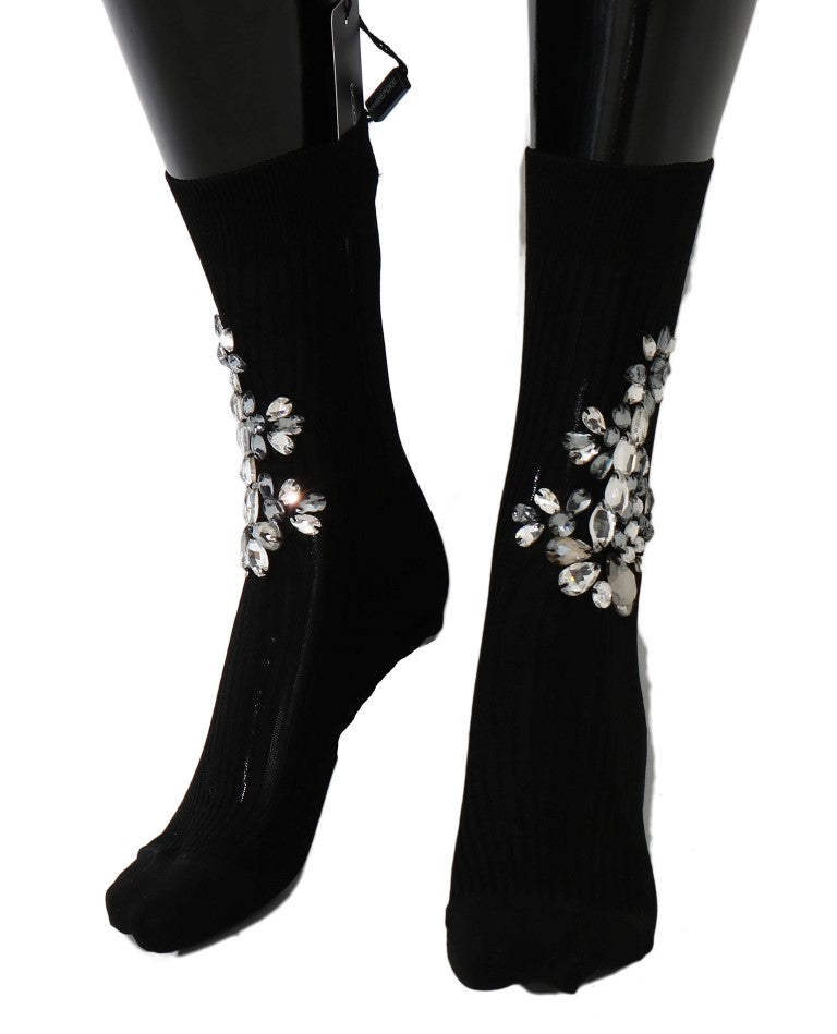Dolce & Gabbana Black Knitted Floral Clear Crystal Women's Socks