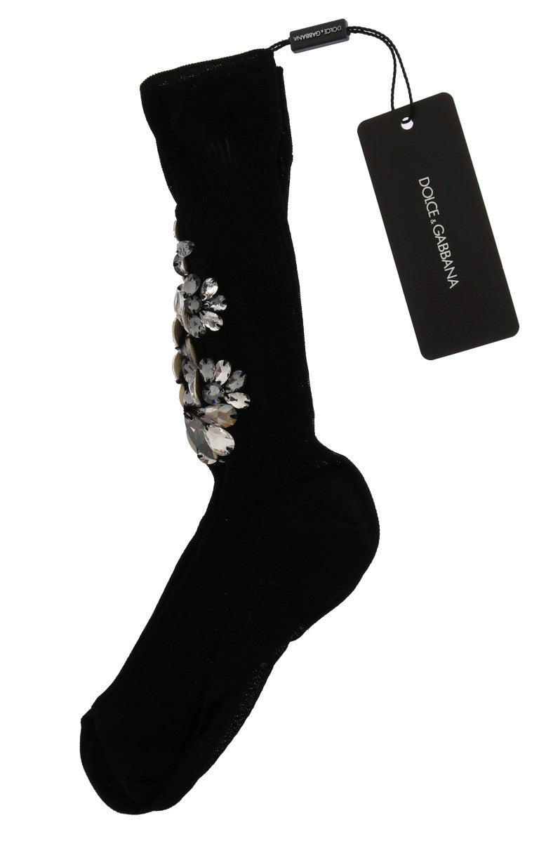 Dolce & Gabbana Black Knitted Floral Clear Crystal Women's Socks