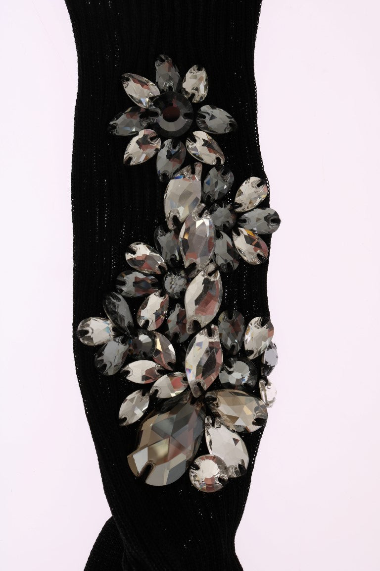 Dolce & Gabbana Black Knitted Floral Clear Crystal Women's Socks