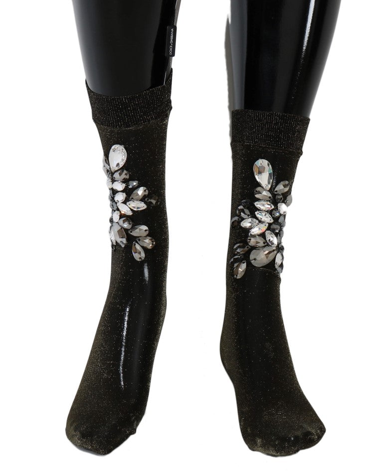 Dolce & Gabbana Black Stretch Floral Clear Crystal Women's Socks