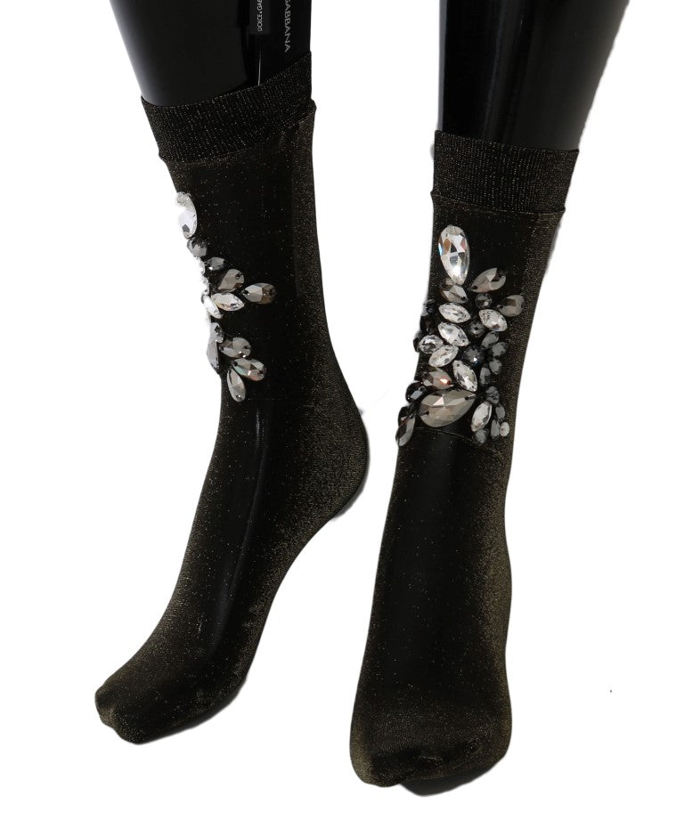 Dolce & Gabbana Black Stretch Floral Clear Crystal Women's Socks