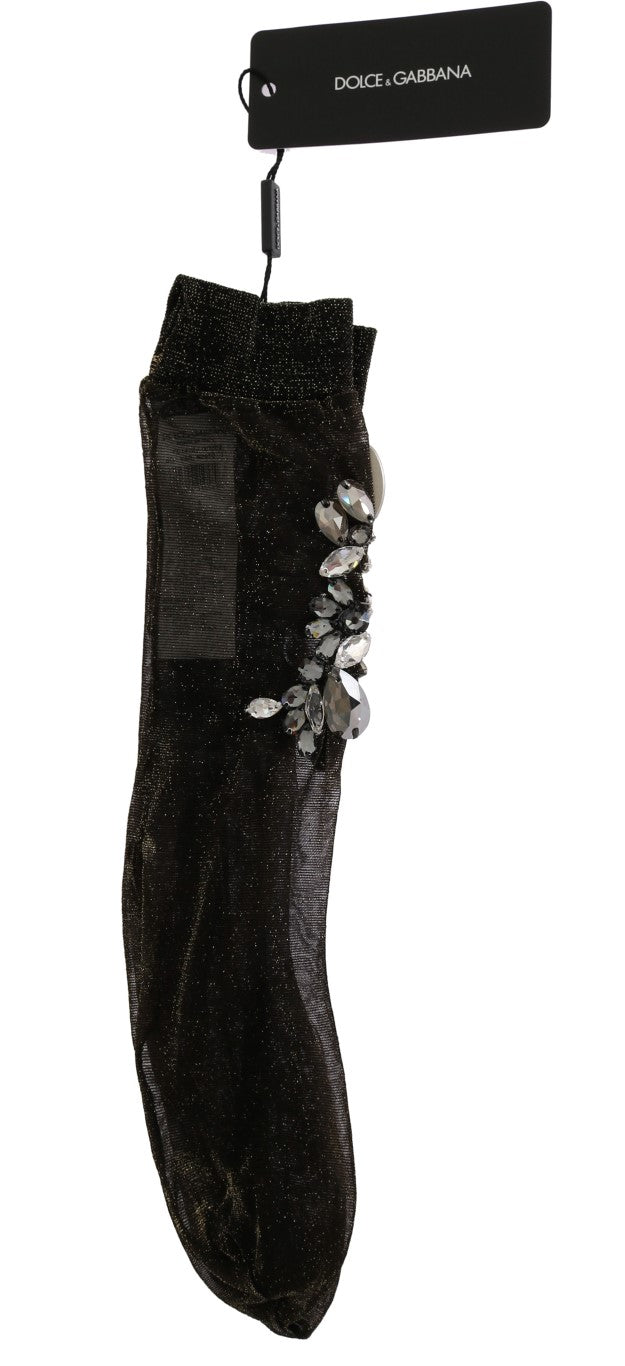 Dolce & Gabbana Black Stretch Floral Clear Crystal Women's Socks