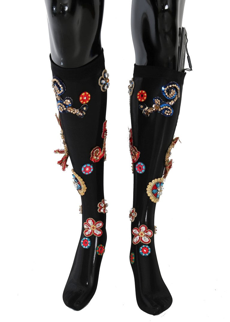 Dolce & Gabbana Black Stretch Carretto Crystal Women's Socks