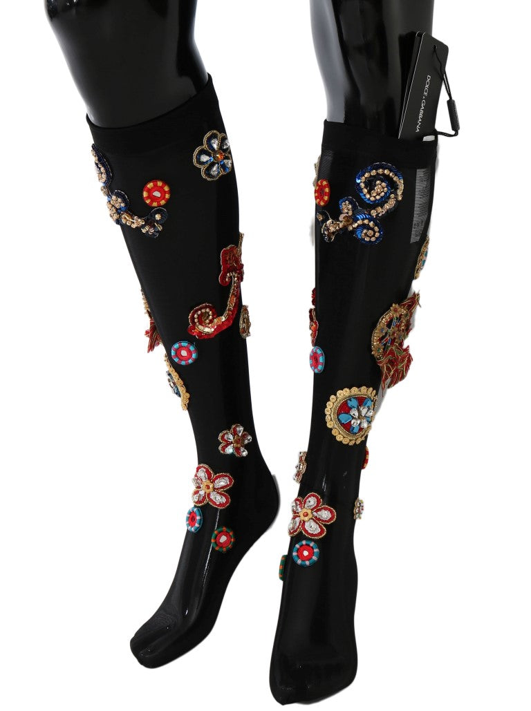 Dolce & Gabbana Black Stretch Carretto Crystal Women's Socks