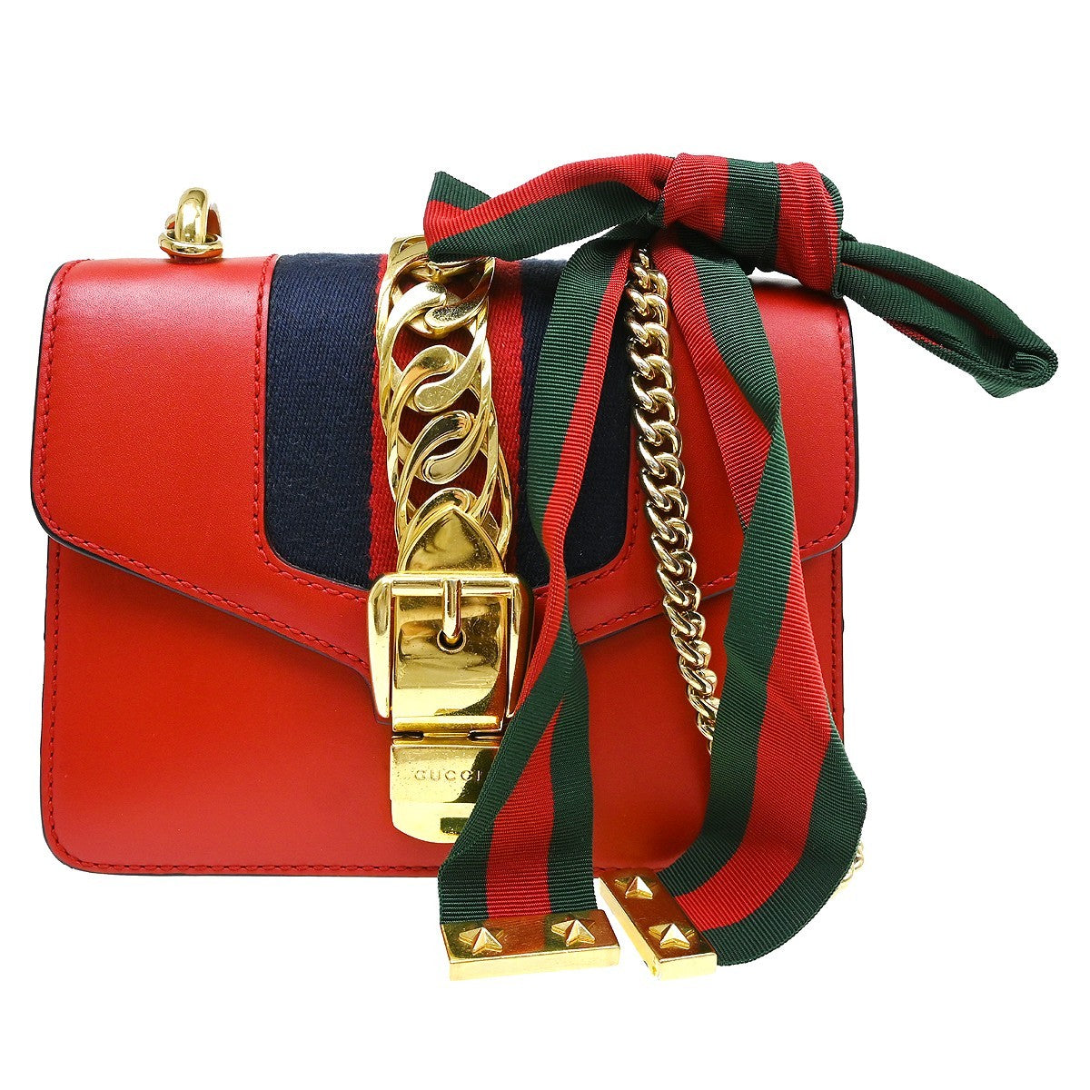 Gucci Sylvie Chain Leather Red Leather Shoulder Bag Bag (Pre-Owned)