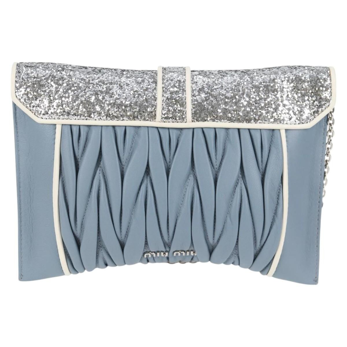Miu Miu Madras Chain Clutch Matelasse Leather With Glitter Blue Leather Shoulder Bag Bag (Pre-Owned)