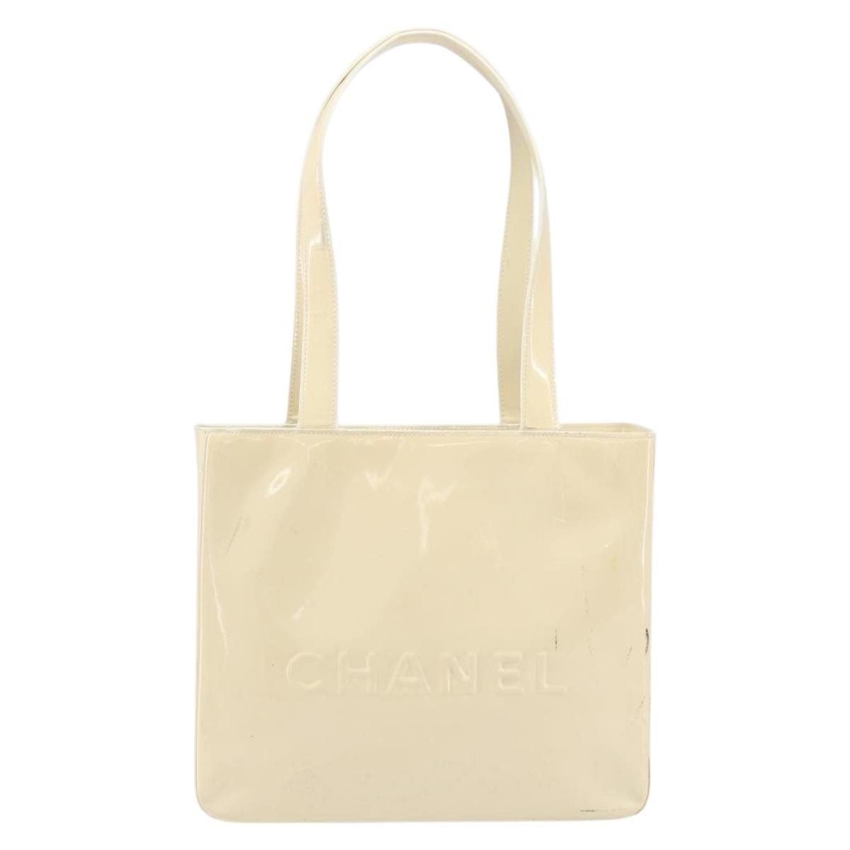 Chanel Vintage Embossed Logo Shoulder Patent Beige Patent_Leather Tote Bag Bag (Pre-Owned)