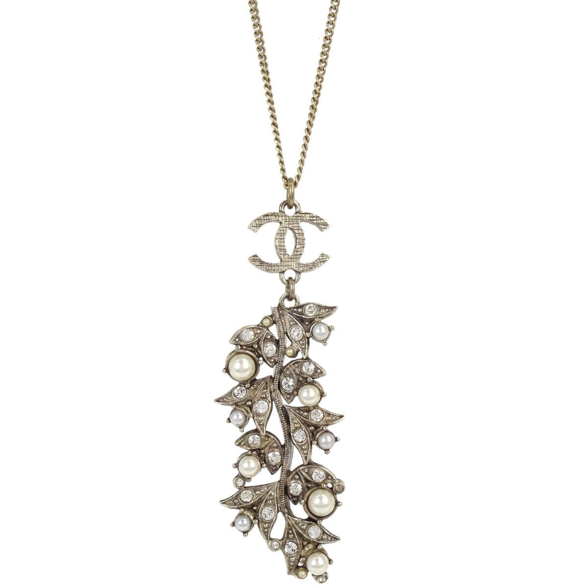 Chanel Cc Leaf Cluster Pendant Metal With Crystals Gold Gold_Plated Necklace Jewelry (Pre-Owned)
