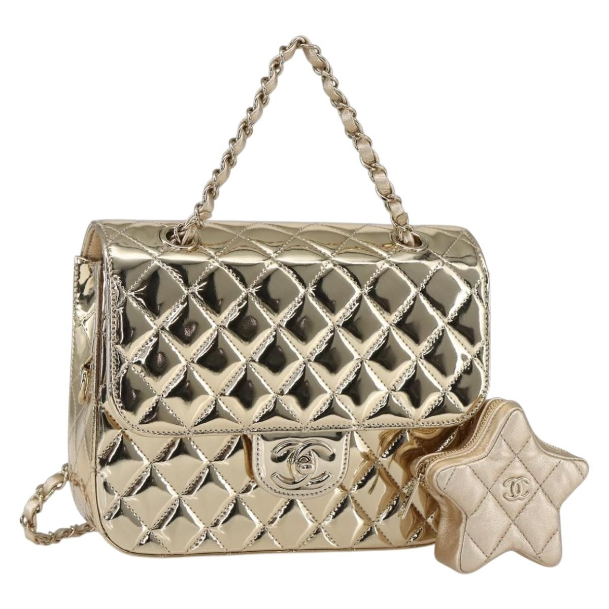 Chanel Hollywood Boulevard Backpack With Star Coin Purse Quilted Metallic Leather Gold Patent_Leather Backpack Bag (Pre-Owned)