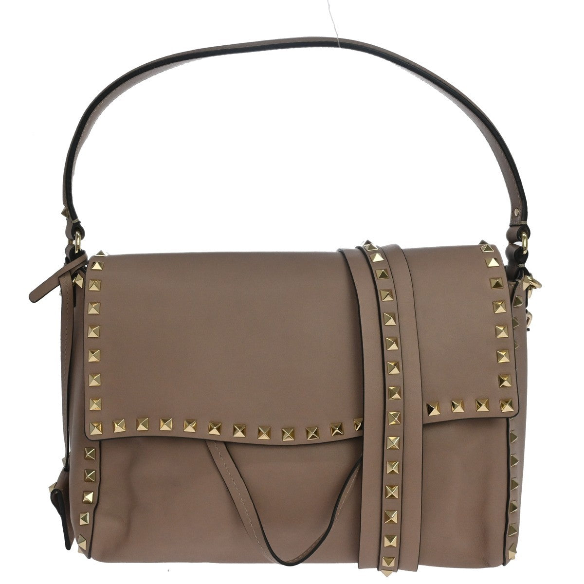 Valentino Garavani Rockstud Top Handle Leather Beige Leather Handbag (Pre-Owned)