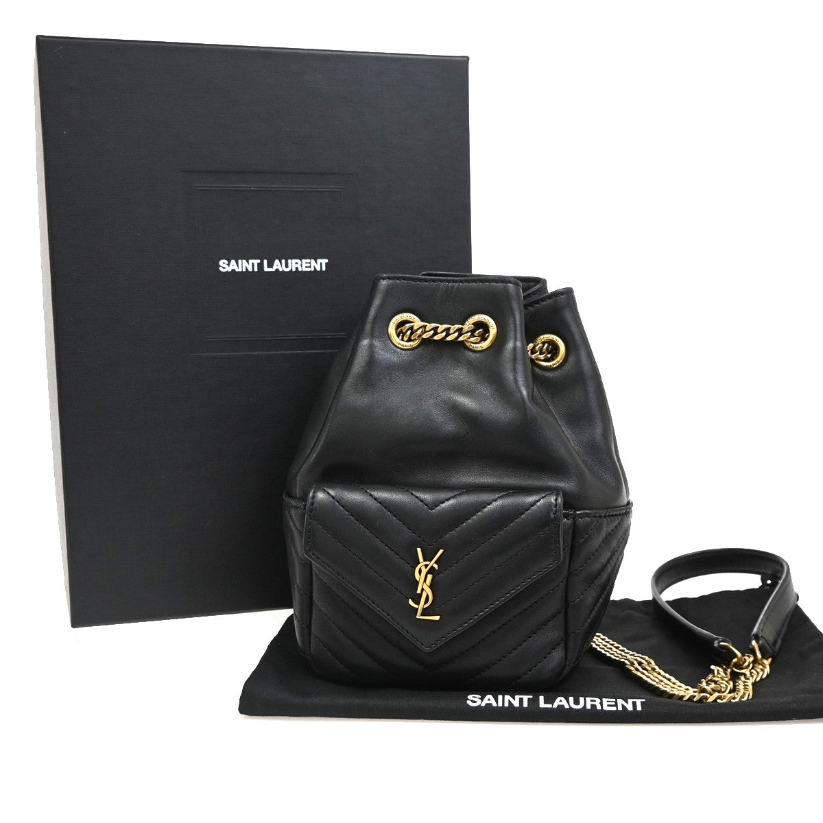 Saint Laurent Joe Bucket Matelasse Chevron Leather Black Leather Handbag (Pre-Owned)