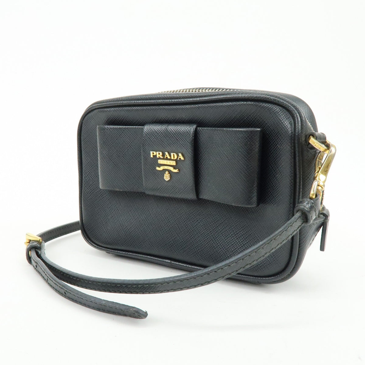 Prada Bow Camera Saffiano Leather Black Leather Crossbody Bag Bag (Pre-Owned)