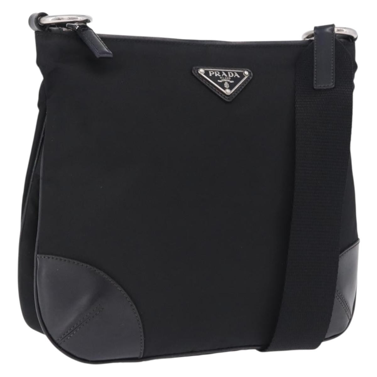 Prada Zip Messenger Tessuto With Leather Black Nylon Handbag (Pre-Owned)