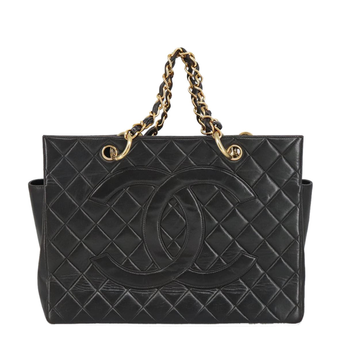 Chanel Vintage Grand Shopping Tote Quilted Lambskin Black Leather Tote Bag Bag (Pre-Owned)