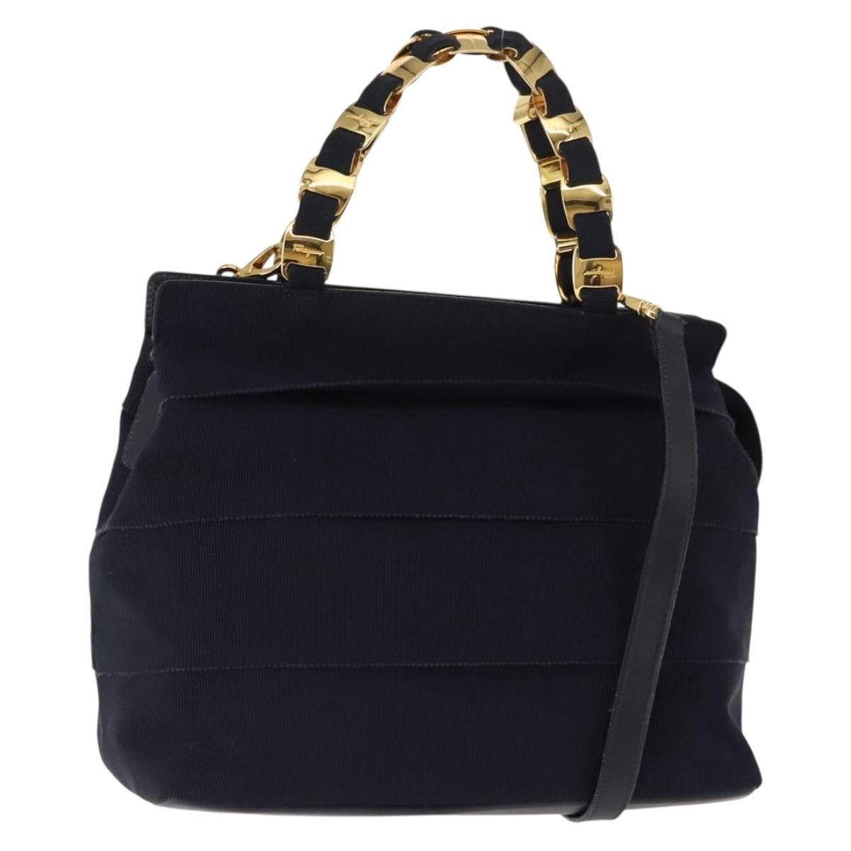 Salvatore Ferragamo Vala Canvas Navy Canvas Handbag (Pre-Owned)