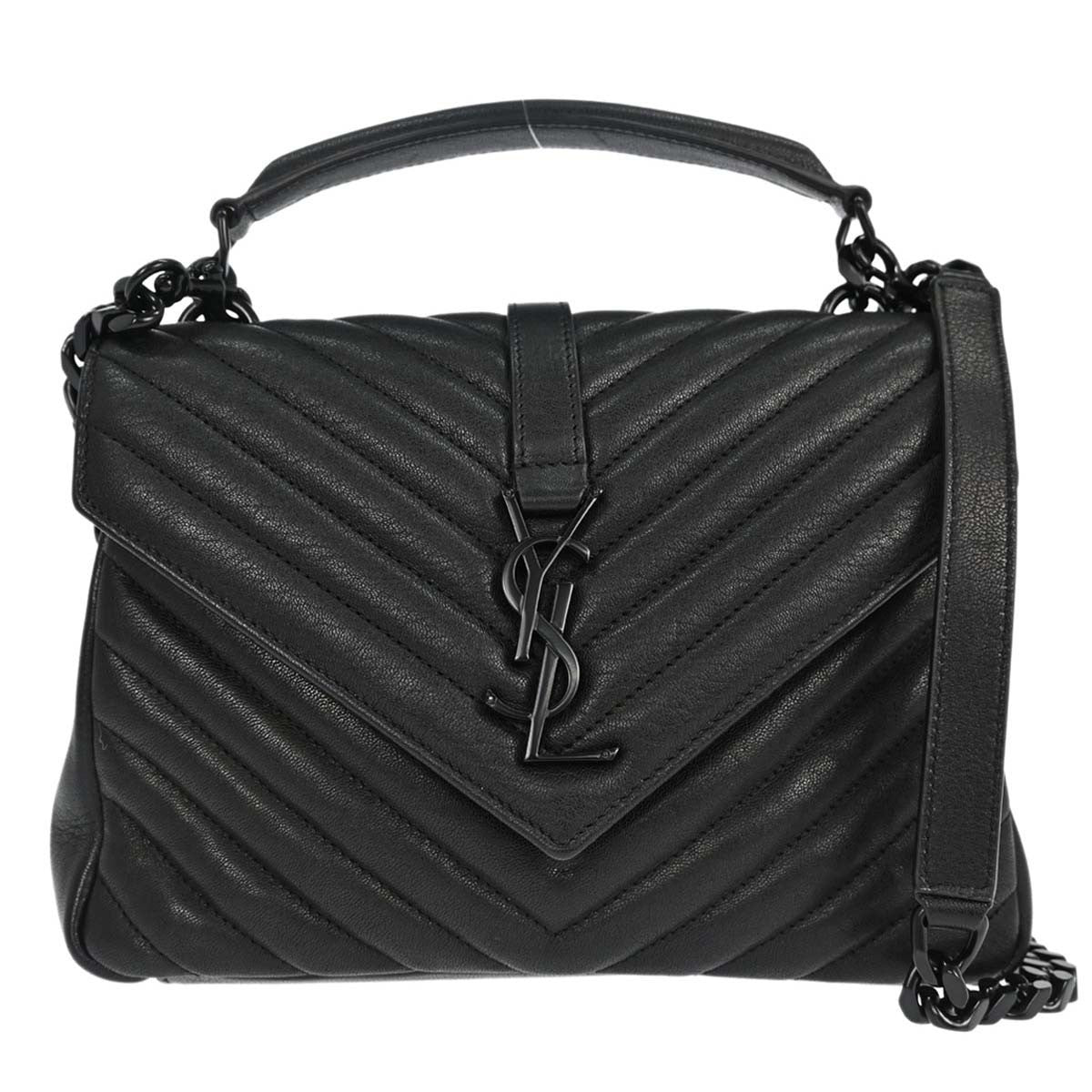 Saint Laurent Classic Monogram College Matelasse Chevron Leather Black Leather Handbag (Pre-Owned)