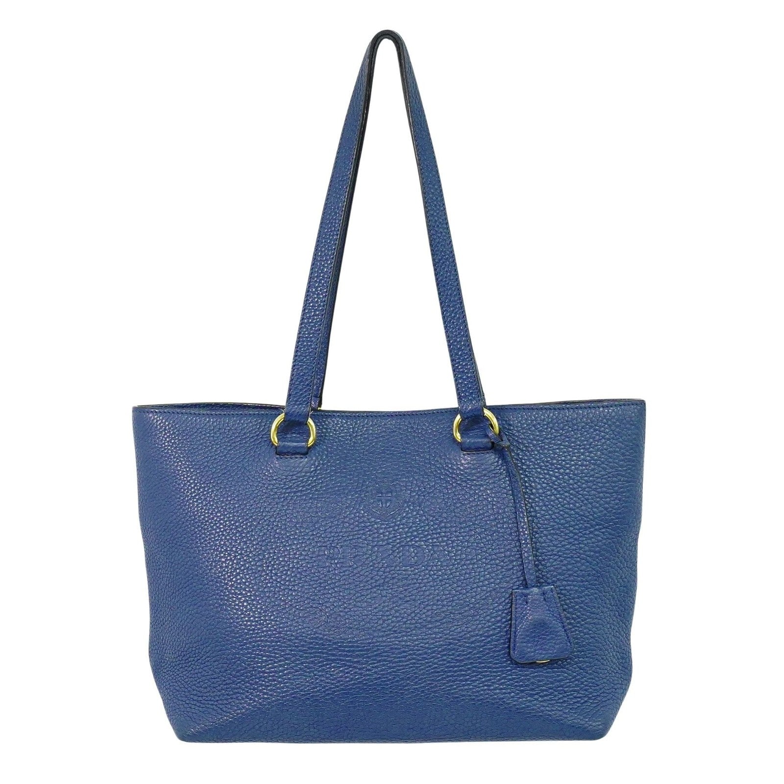 Prada Embossed Logo Open Tote Leather Blue Leather Tote Bag Bag (Pre-Owned)