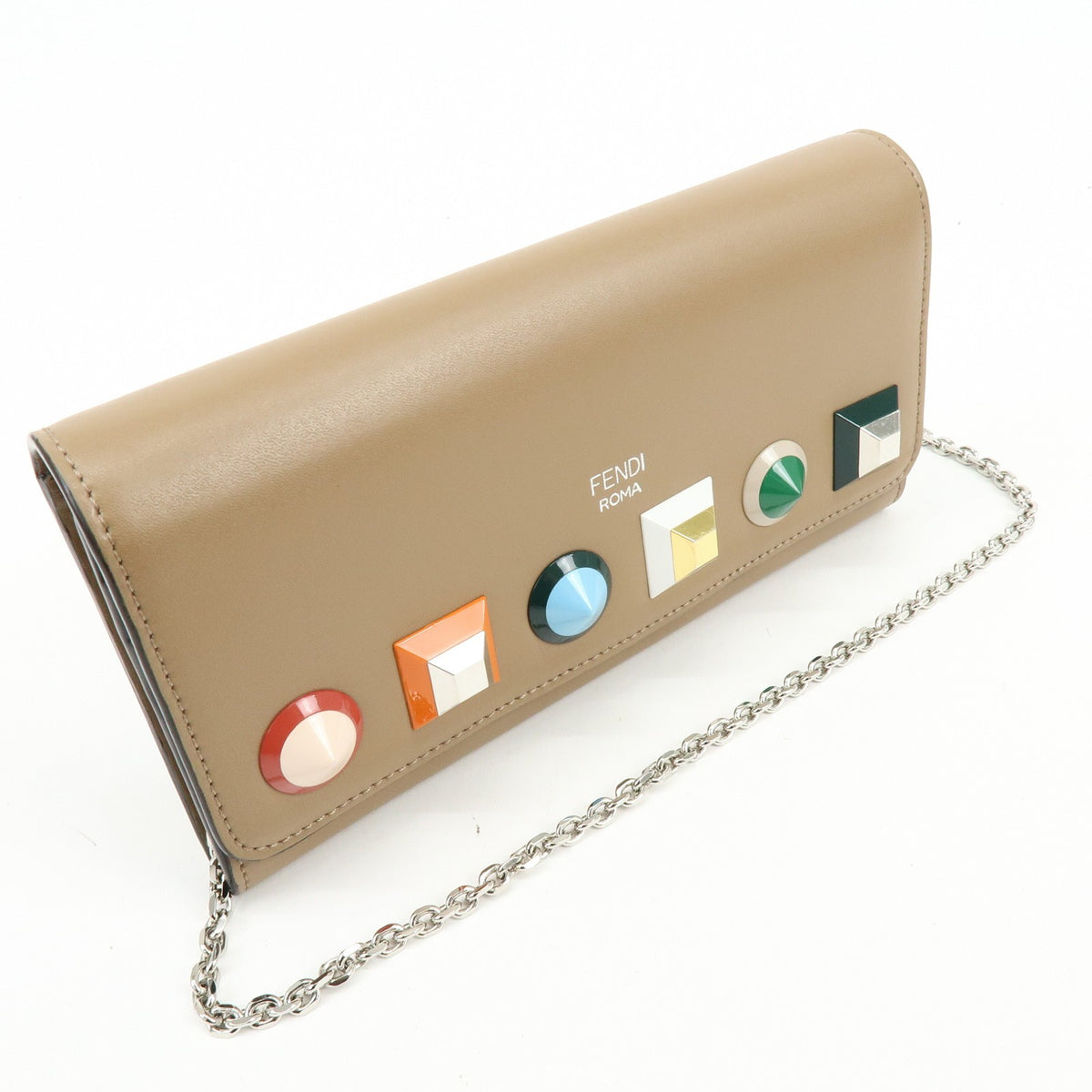 Fendi Continental Wallet On Chain Studded Leather Beige Leather Crossbody Bag Bag (Pre-Owned)