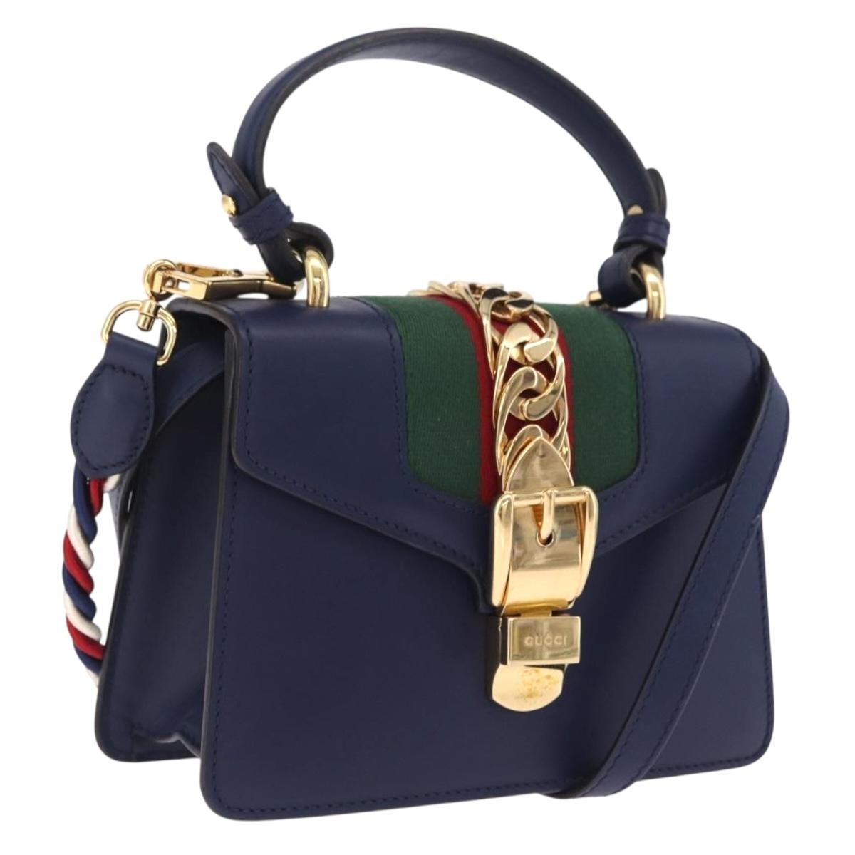 Gucci Sylvie Top Handle Leather Navy Leather Handbag (Pre-Owned)