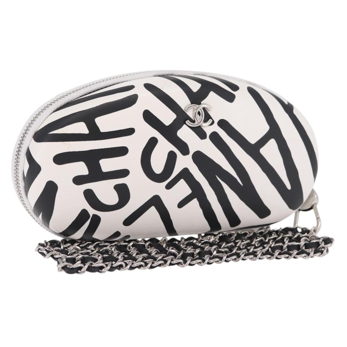 Chanel Coco Neige Zip Around Sunglasses Case With Chain Printed Leather White Leather Sunglasse Accessory (Pre-Owned)