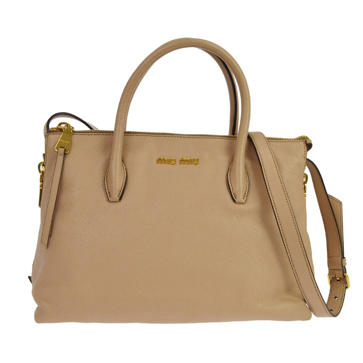 Miu Miu Madras Convertible Side Zip Satchel Leather Beige Leather Tote Bag Bag (Pre-Owned)