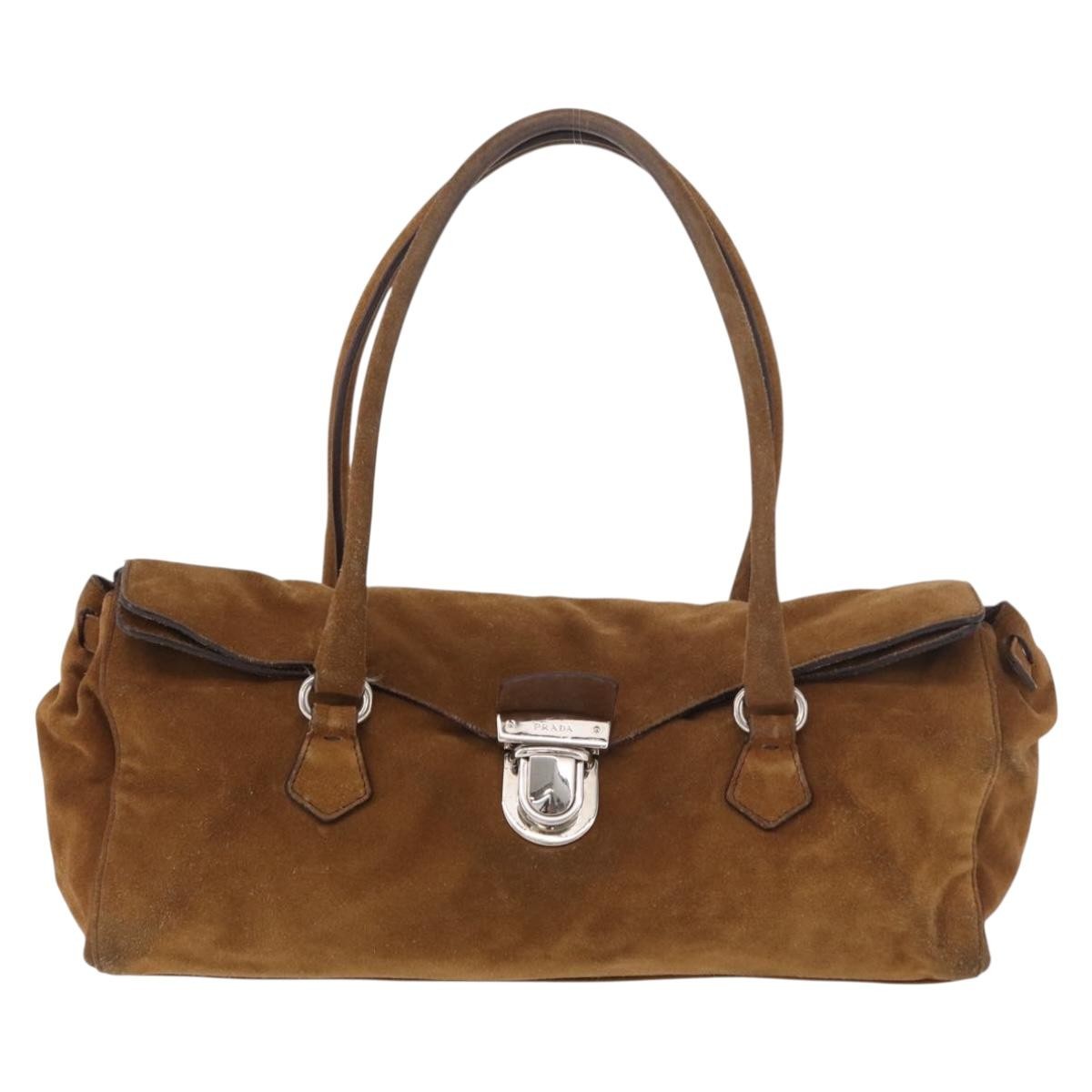 Prada Pushlock Tote Suede Brown Suede Handbag (Pre-Owned)