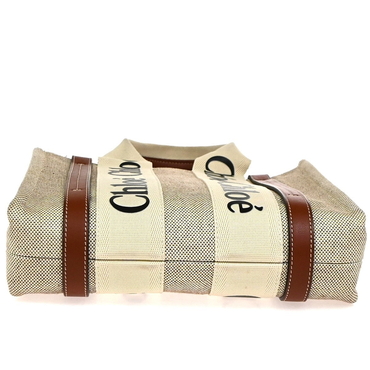 Chloe Woody Canvas With Leather Beige Canvas Tote Bag Bag (Pre-Owned)