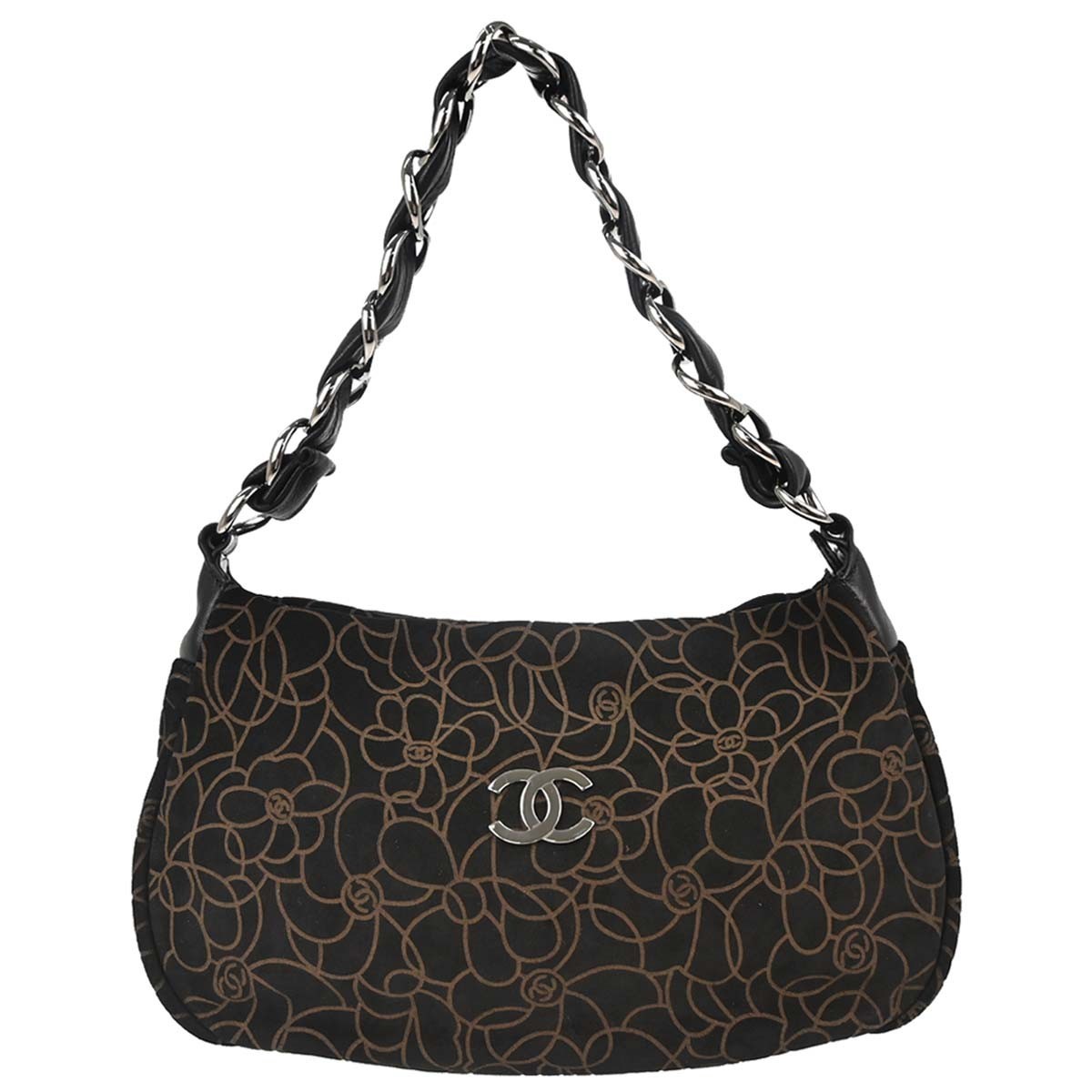 Chanel Camellia Chain Embossed Suede Black Suede Shoulder Bag Bag (Pre-Owned)