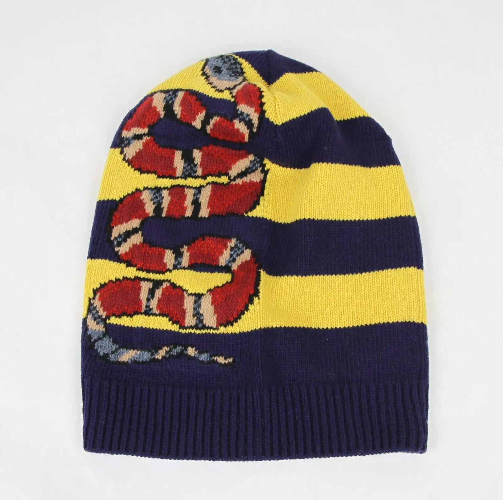 Gucci Blue/Yellow Striped Wool Knit Beanie with Snake M/58 500928 4075