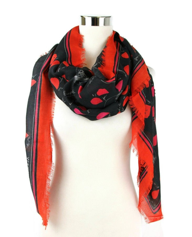 Alexander McQueen Women's Black / Red Modal / Wool Petal Skull Shawl Scarf 505219 1074