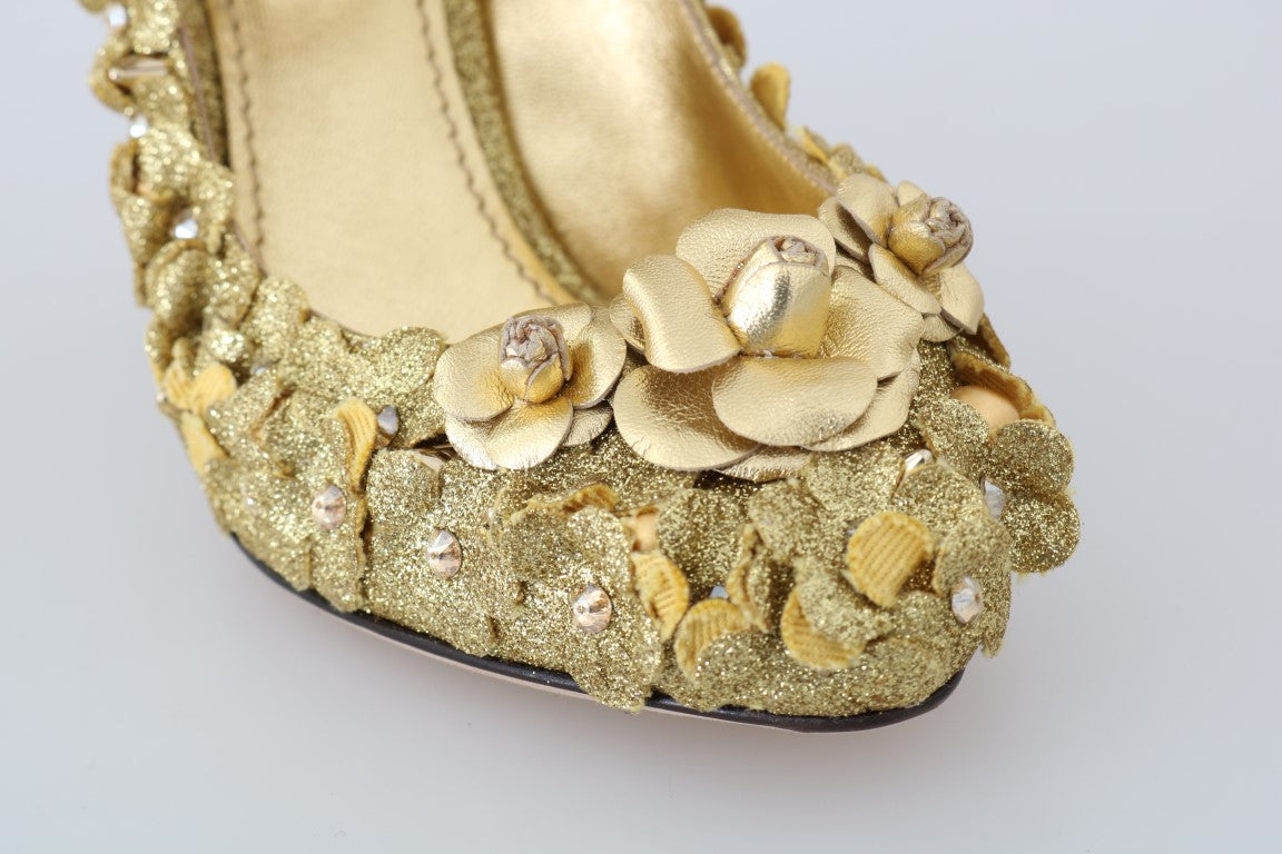 Dolce & Gabbana Gold Floral Crystal Mary Janes Women's Pumps