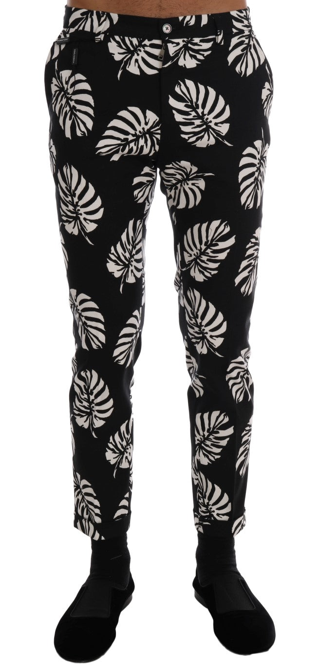 Dolce & Gabbana White Black Leaf Cotton Stretch Slim Men's Pants