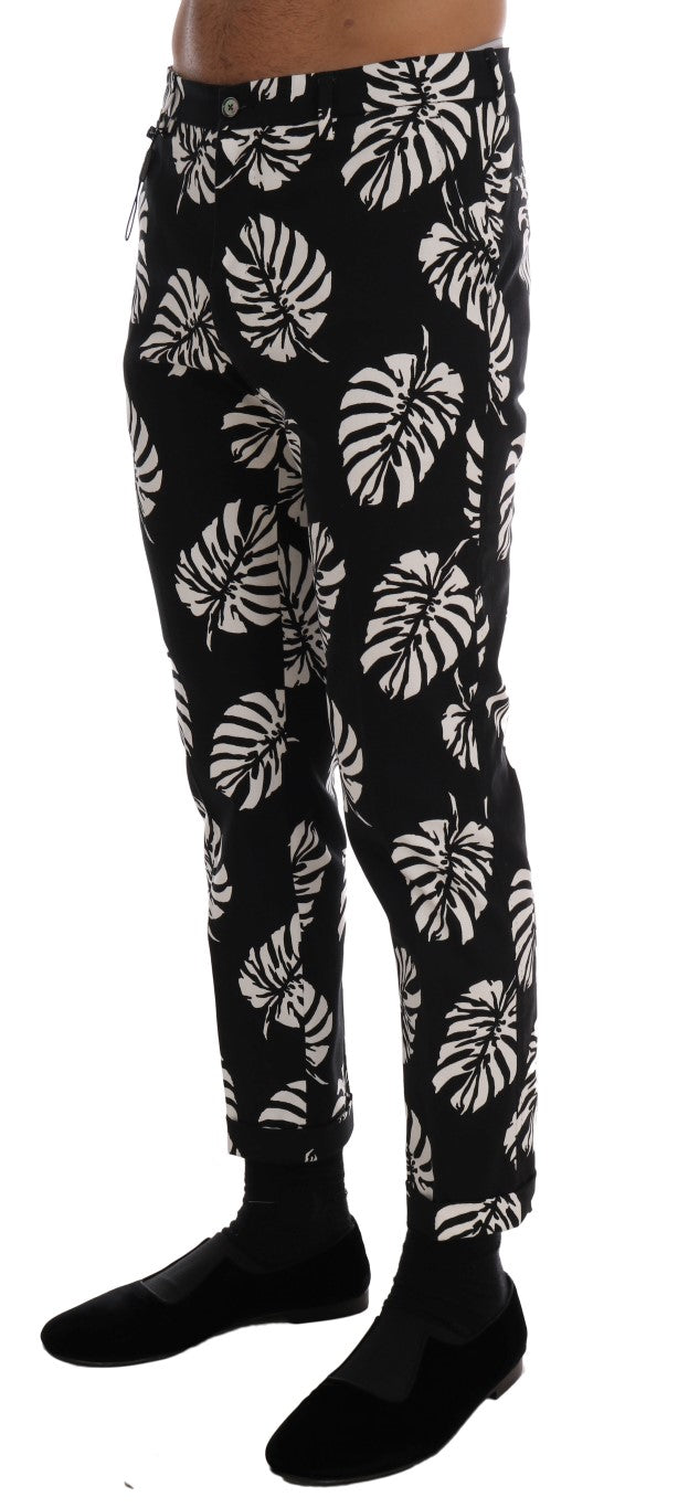 Dolce & Gabbana White Black Leaf Cotton Stretch Slim Men's Pants