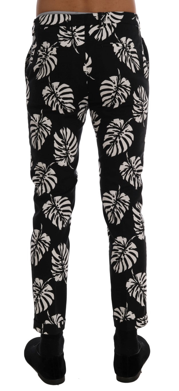 Dolce & Gabbana White Black Leaf Cotton Stretch Slim Men's Pants
