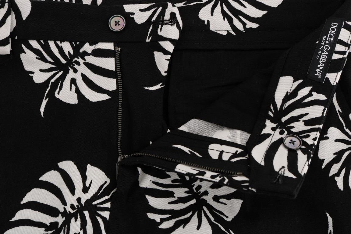 Dolce & Gabbana White Black Leaf Cotton Stretch Slim Men's Pants