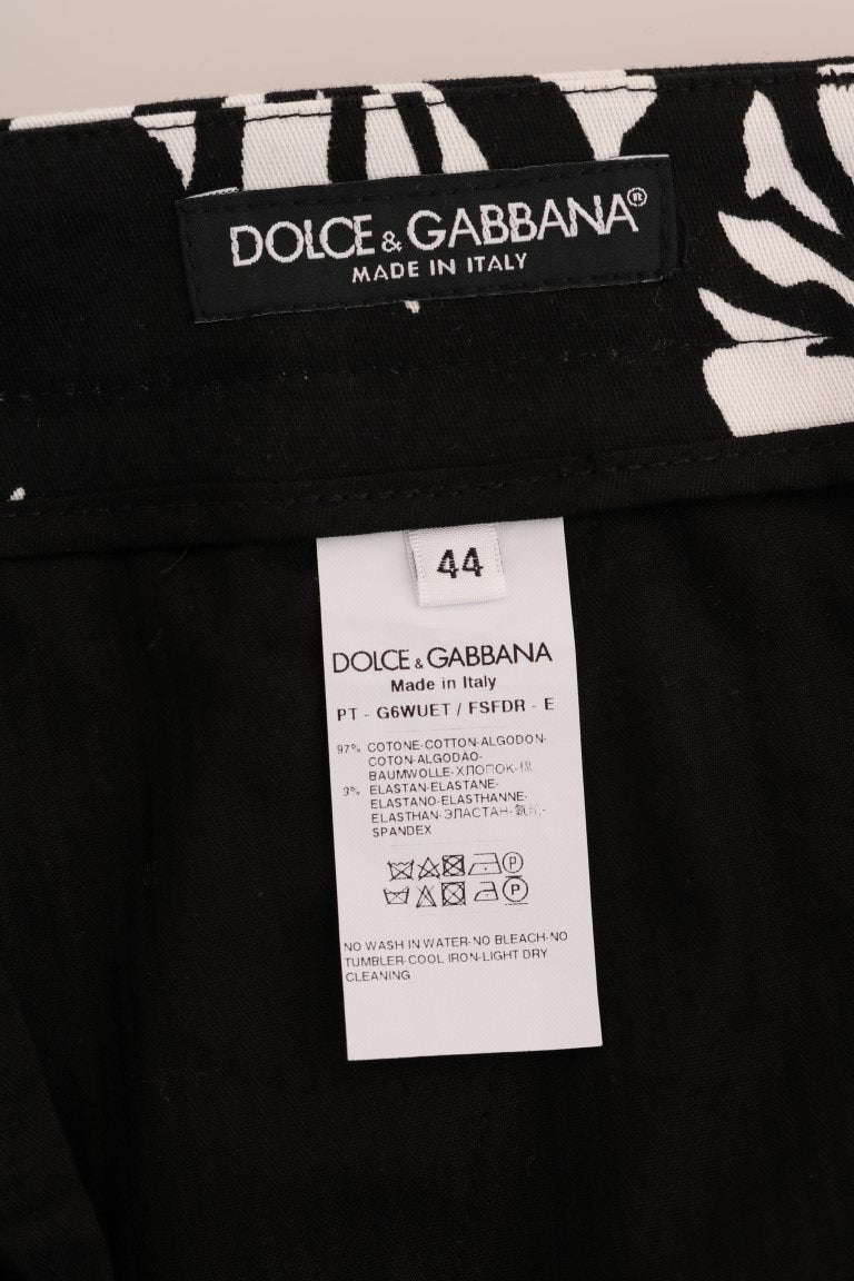 Dolce & Gabbana White Black Leaf Cotton Stretch Slim Men's Pants