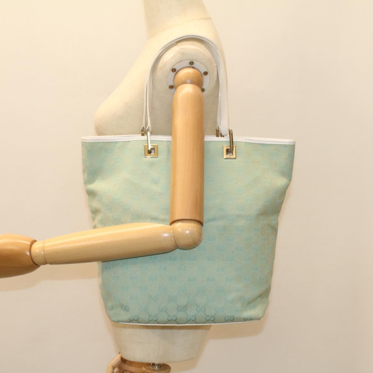 Gucci Vintage Bucket Shopping Tote Gg Canvas And Leather Blue Canvas Tote Bag Bag (Pre-Owned)