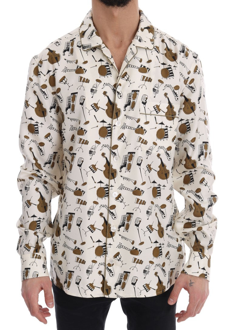 Dolce & Gabbana White Silk JAZZ Motive Print Men's Shirt