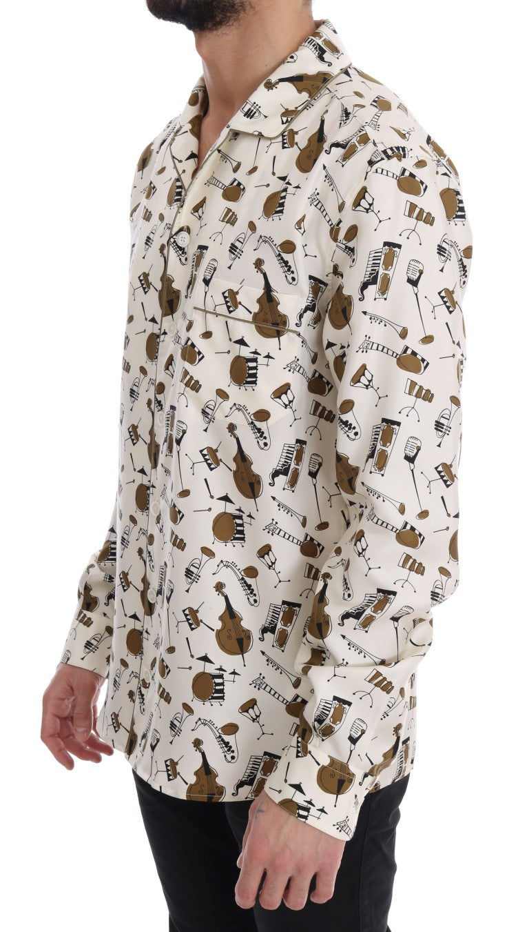 Dolce & Gabbana White Silk JAZZ Motive Print Men's Shirt