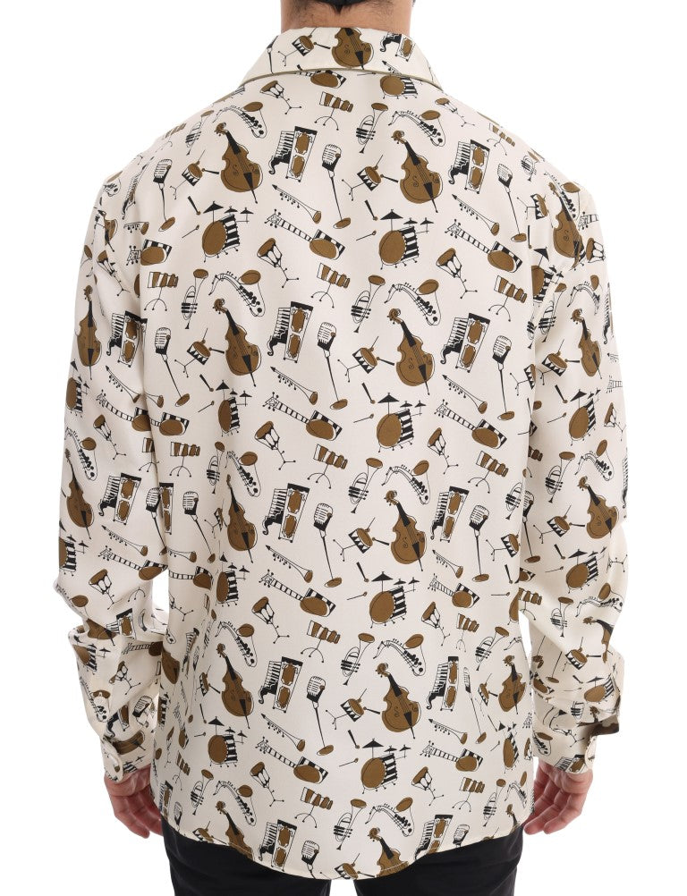 Dolce & Gabbana White Silk JAZZ Motive Print Men's Shirt