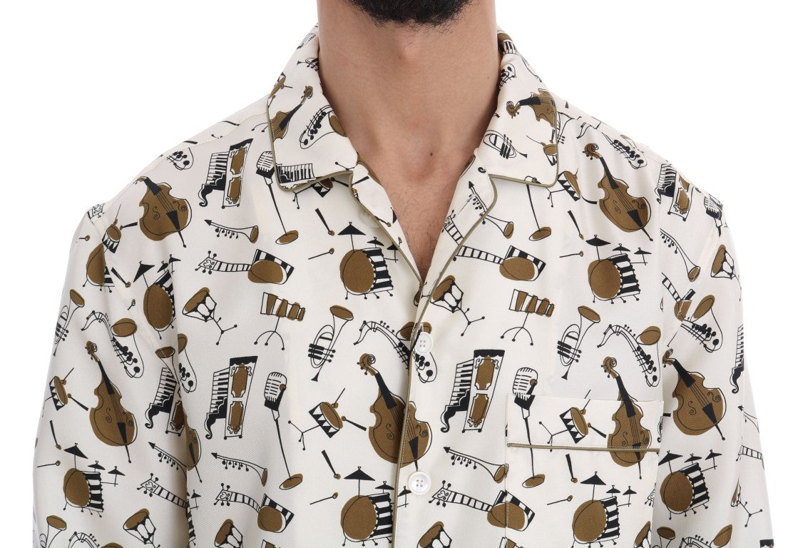 Dolce & Gabbana White Silk JAZZ Motive Print Men's Shirt