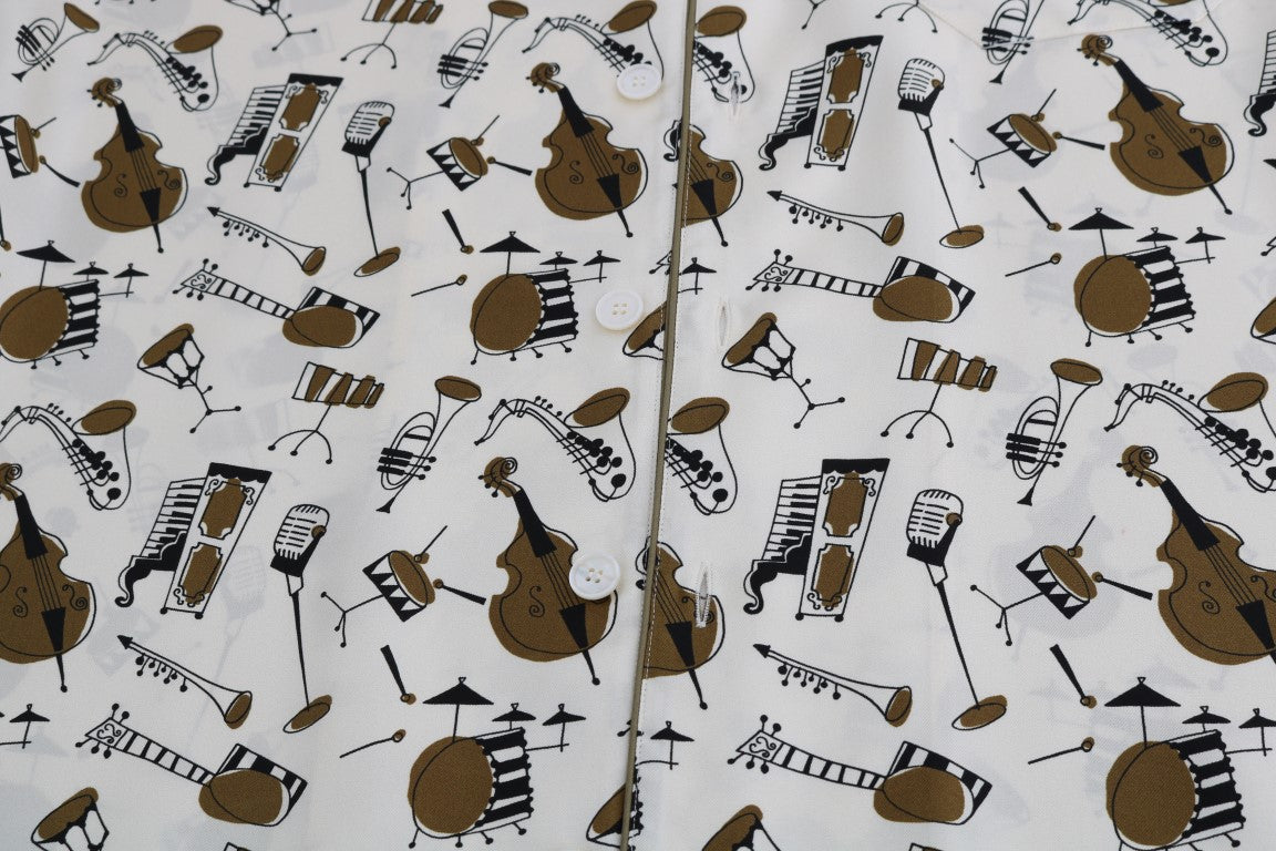 Dolce & Gabbana White Silk JAZZ Motive Print Men's Shirt