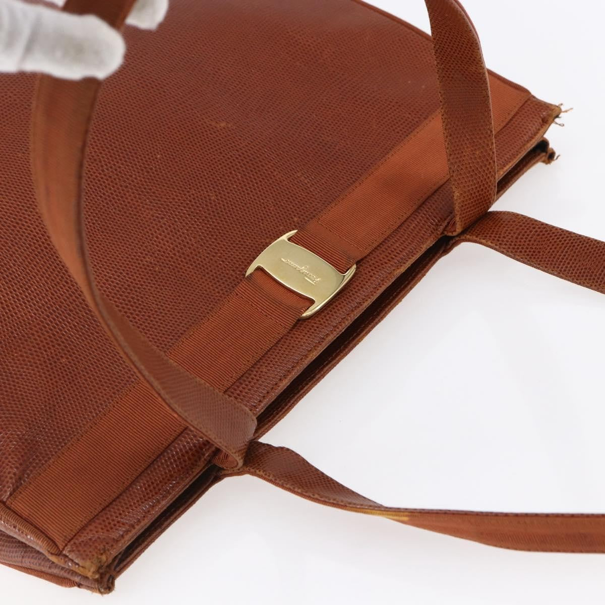 Salvatore Ferragamo Vintage Vara Bow Tote Lizard Embossed Leather Brown Leather Tote Bag Bag (Pre-Owned)