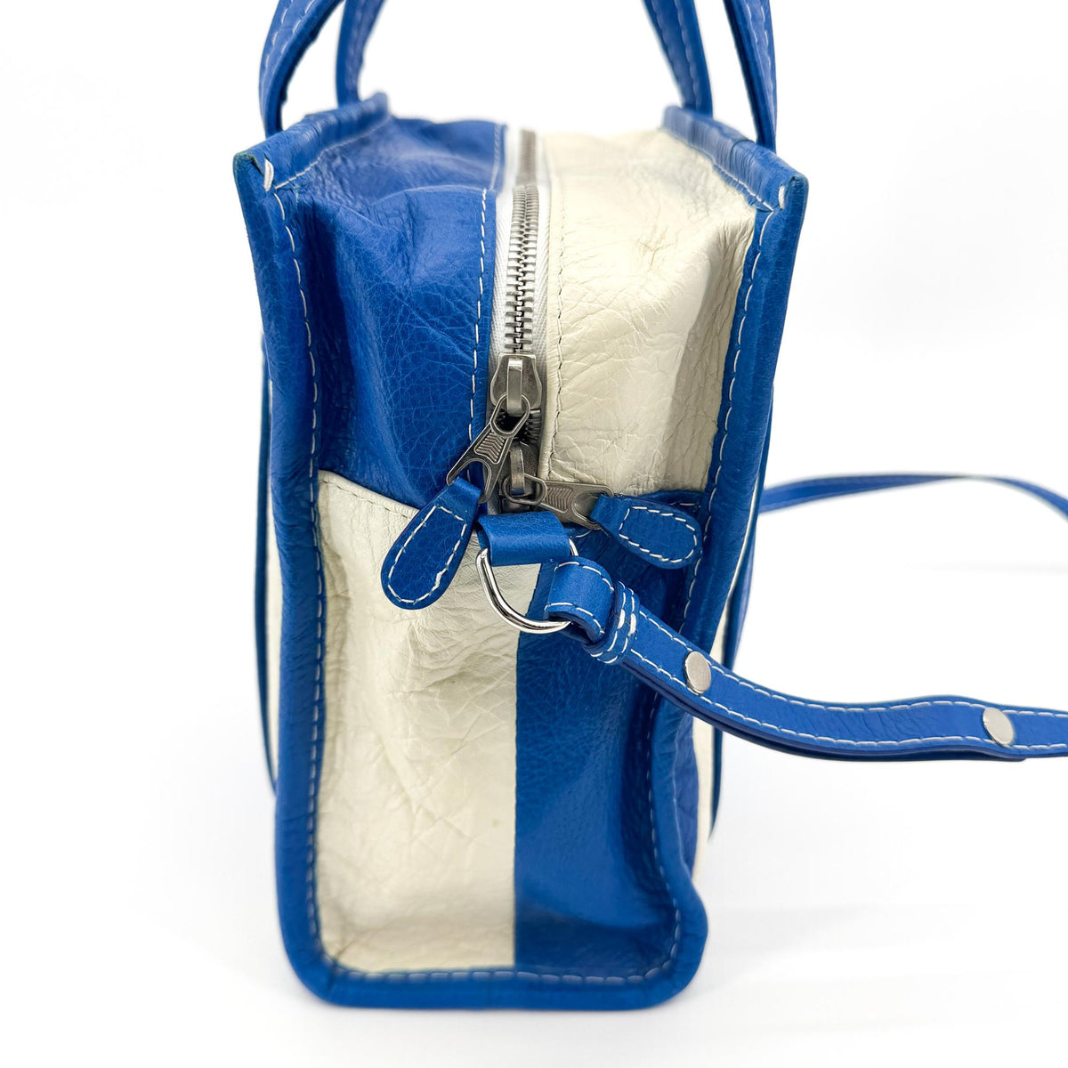 Balenciaga Bazar Striped Leather Blue Leather Tote Bag Bag (Pre-Owned)