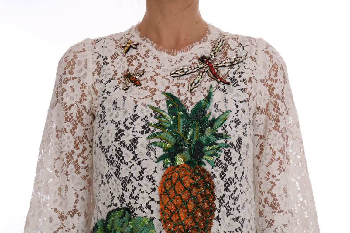Dolce & Gabbana White Crystal Embellished Lace Women's Blouse