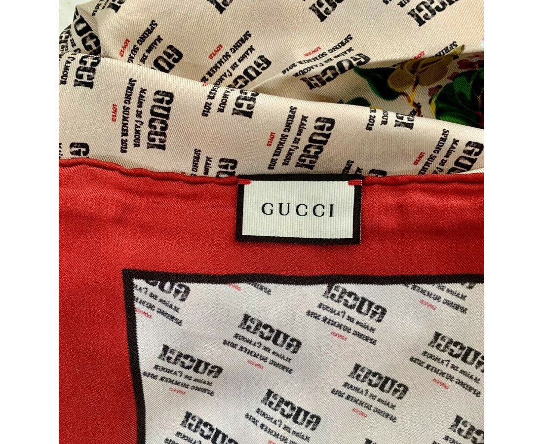 Gucci Women's Beige Monogram Logo Print Red Flower Motif Silk Scarf